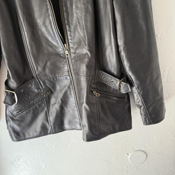 Selection Leathers Jacket Womens Large Genuine Leather Zip Pockets Buckle Moto - Picture 3 of 11